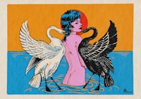 an illustration of a woman with two swans in the water