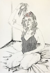 a drawing of a woman sitting on a bed