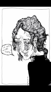 a black and white drawing of a woman with a speech bubble