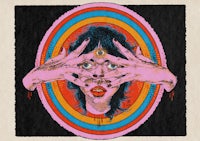 a drawing of a woman with her hands over her face