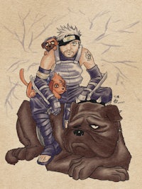 a drawing of a naruto character sitting on a dog