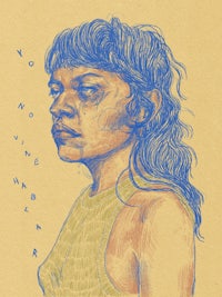 a drawing of a woman with blue hair