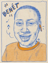 a drawing of a man with the word benet on it