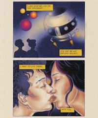 a comic strip with two people kissing in front of a spaceship